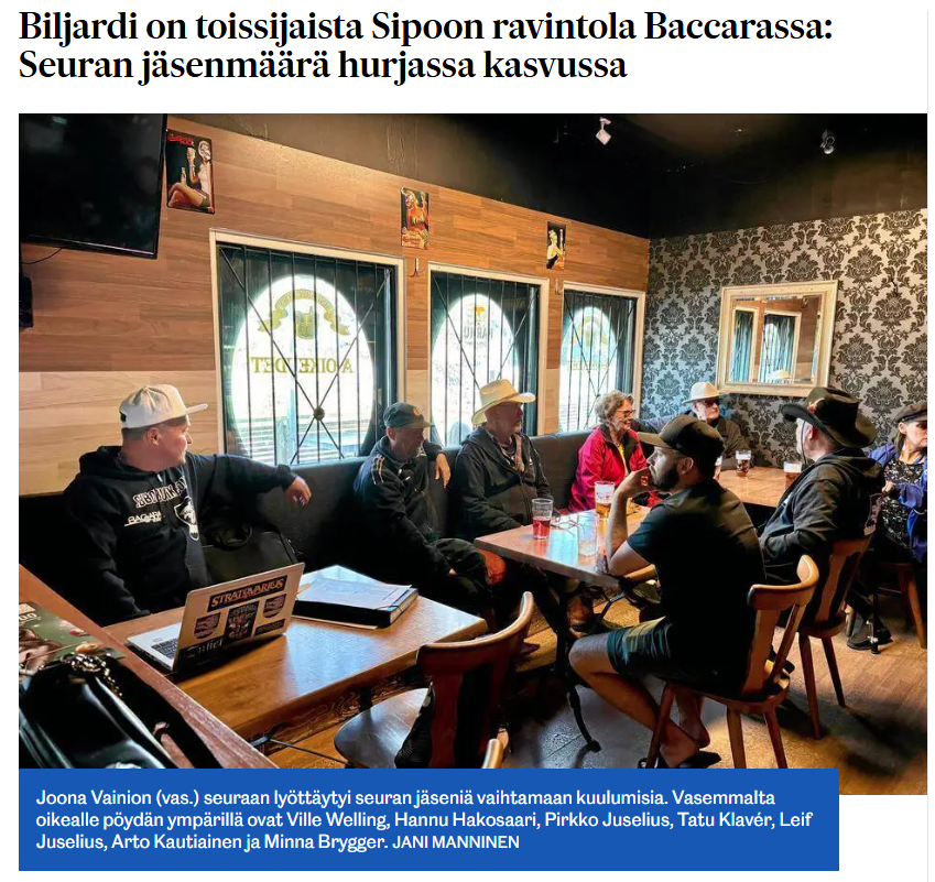 Sipoon Sanomien juttu Baccara Biljardista 23.8.2025 (maksumuurin takana).